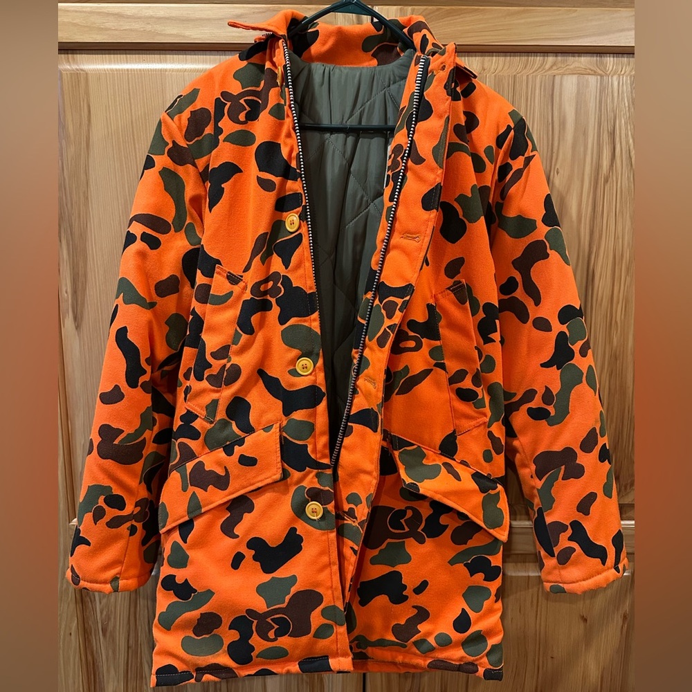 Vintage Johnson Garment Blaze Orange Camo Hunting Jacket CAN YOU SEE ME NOW???